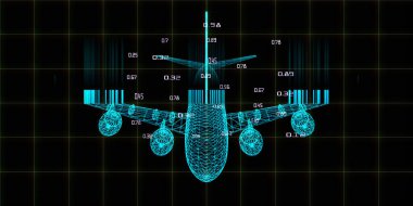 3D şebeke düzlemi ve bulanık çizgileri olan soyut dijital arkaplan. Büyük veri. Lens efektli tel çerçeve analitik düzlem konsepti. Seyahat, turizm, ulaşım. 