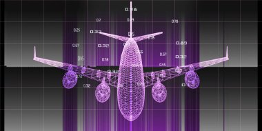3D şebeke düzlemi ve bulanık çizgileri olan soyut dijital arkaplan. Lens efektli tel çerçeveli uçak mühendisliği konsepti. Seyahat, turizm, ulaşım. Büyük veri. 