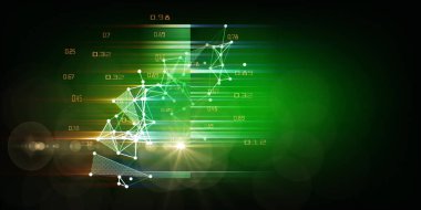 Işık ızgarasına bağlı parçacıklar ve bulanık çizgiler içindeki soyut fütüristik veri kavramı. Lens efektli yapay zekanın iş ve bilim görselleştirmesi. Büyük veri