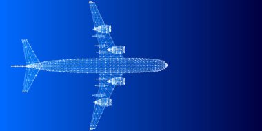 3D şebeke düzlemi olan soyut dijital arkaplan. Kablo çerçeveli uçak konsepti. Seyahat, turizm, ulaşım.