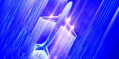 Dijital ızgara ağ uçağıyla soyut arkaplan ve bulanık çizgiler. Lens efektli tel çerçeveli uçak mühendisliği konsepti. Seyahat, turizm, ulaşım afişi.  