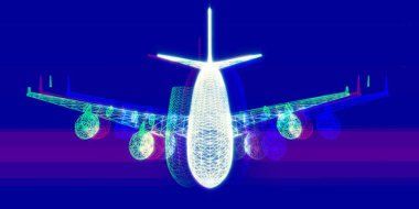 Soyut uçak 3 boyutlu kablo çerçevesi arızalı. Dijital şebeke uçak mühendisliği analitik kavramı. Seyahat, turizm, ulaşım afişi.