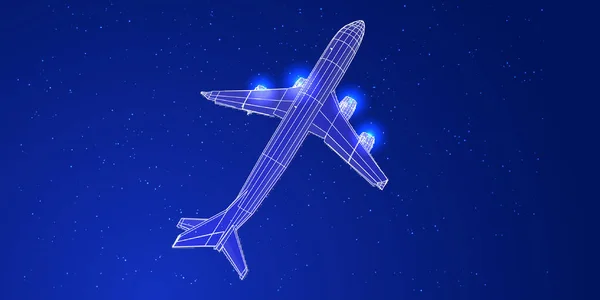 三维网格飞机在黑暗天空中的数字背景 线框网格平面概念 交通横幅 — 图库矢量图片