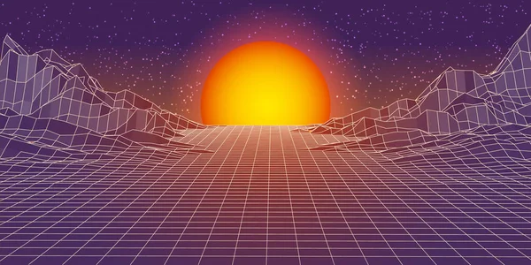 要約多角形の背景日没 太陽との3D風景 空に星とグリッド山 未来的なSfや古いゲームスタイル バナー ポスター レトロなスタイルのカバー ベクターイラスト — ストックベクタ