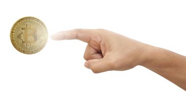 Bitcoin üzerinde beyaz izole dokunmadan el