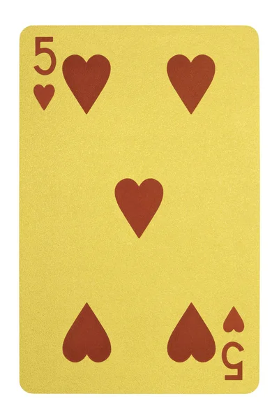 Golden playing cards, Five of hearts — Stock Photo, Image