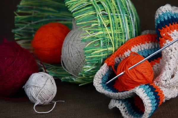 Knit crochet for knitting in a basket — Stock Photo, Image