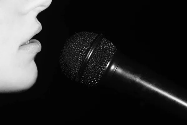 La chica está cantando en el micrófono, silueta —  Fotos de Stock