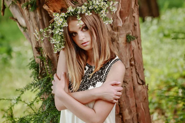 Une Fille Avec Beau Maquillage Une Robe Dans Nature — Photo