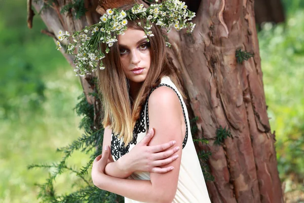 Ein Mädchen Mit Wunderschönem Make Und Einem Kleid Der Natur — Stockfoto
