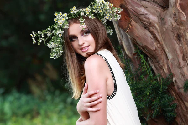 Une Fille Avec Beau Maquillage Une Robe Dans Nature — Photo