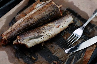 Fırında pişirilmiş balık yahnisi ve otlar.