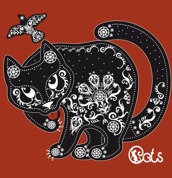 Stilize siyah ve beyaz kedi kırmızı desenli — Stok Vektör
