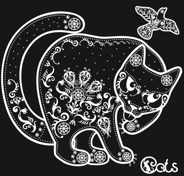 Gato estilizado con dibujos en blanco y negro — Vector de stock