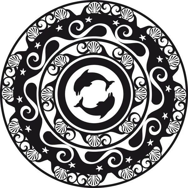 Cirkulär prydnad, delf och shell svart och vitt — Stock vektor