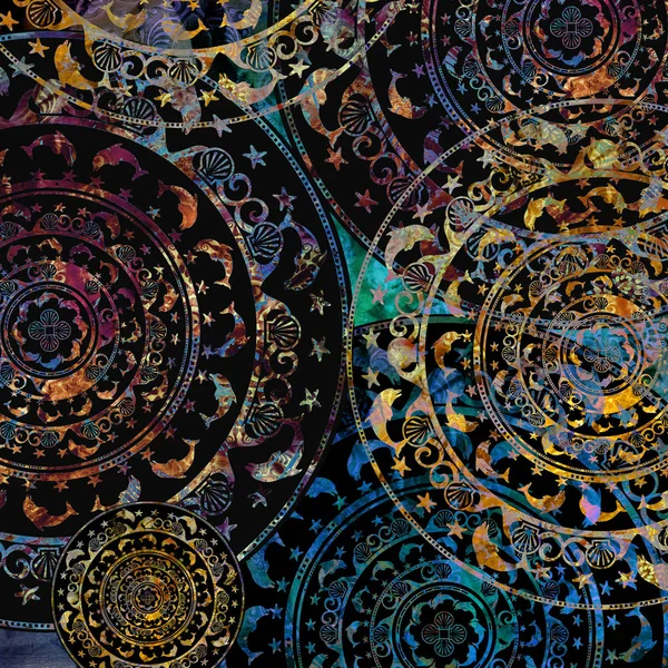 Круглий орнамент з трафарету, дельф і панцир кольоровий — стокове фото