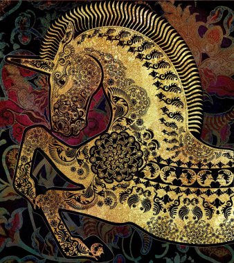 Altın stilize profil tek boynuzlu at desenli arka plan üzerinde