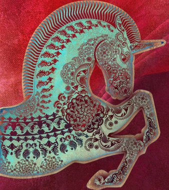 kırmızı zemin üzerine desenli stilize profil tek boynuzlu at