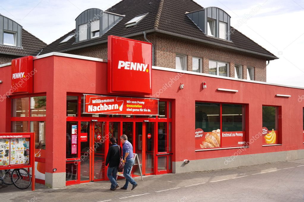 SUDERWICK, GERMANY - SEPTEMBER 2016: Entry of a Penny Markt, a discount supermarket chain based in Germany, which operates 3,550 stores in Europe. Penny market is owned by the German Rewe Group.