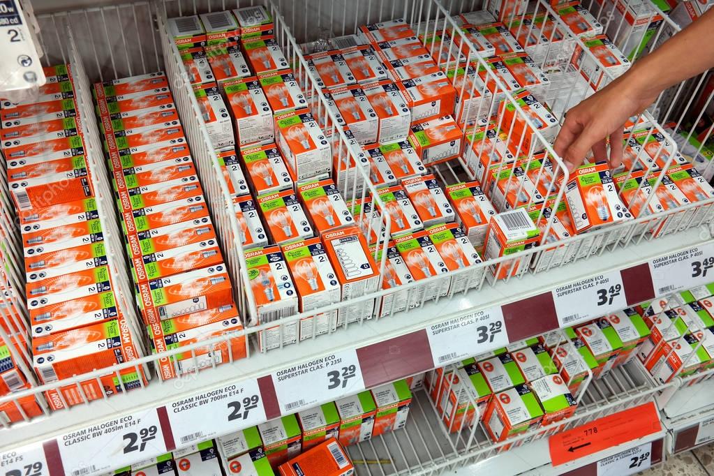 GERMANY - AUGUST 2015: Incandescent light bulbs of OSRAM Licht AG is a multinational lighting manufacturer headquartered in Munich, Germany.