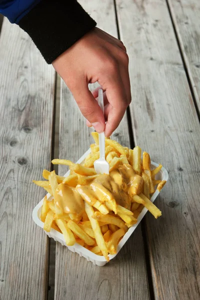 Äta belgiska frites — Stockfoto