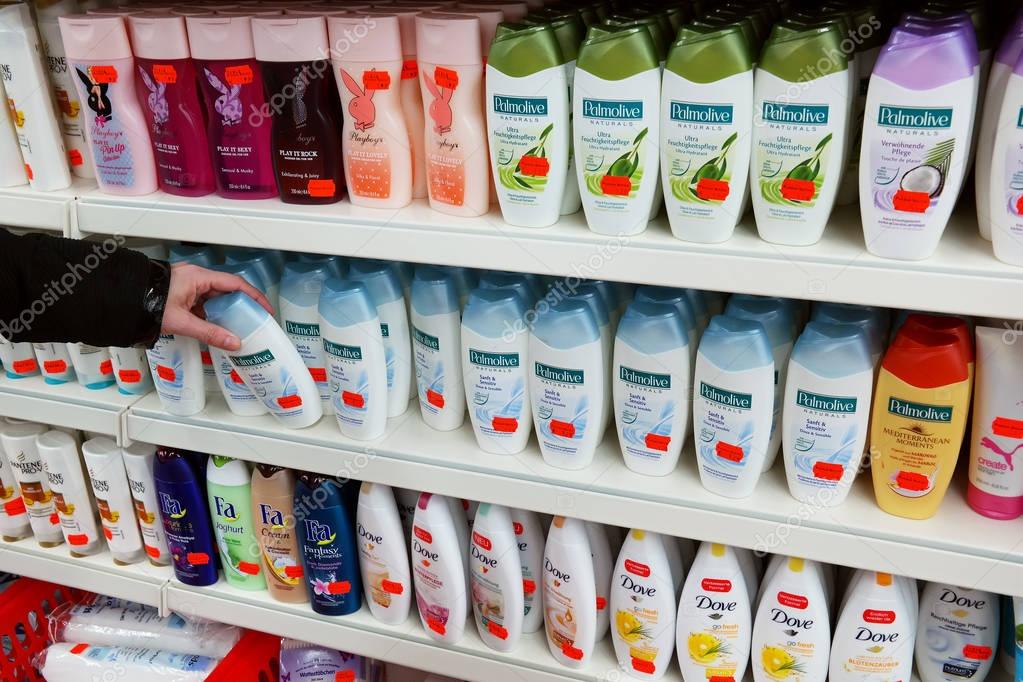 GERMANY - FEBRUARY 2016: Aisle with a variety of hair care products in a German Posten Borse outlet superstore.