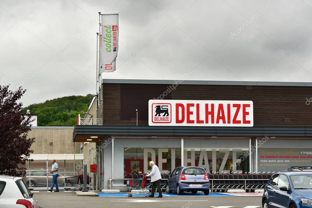 HERSTAL, BELGIUM - AUGUST 2017: Delhaize supermarket, part of Delhaize Group, an international food retailer, Merged with Ahold to Ahold Delhaize NV.