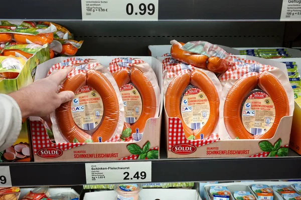 Germany January 2018 Foil Wrapped Ring Sausage Cooled Processed Meats ストックフォト