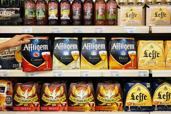 France August 2017 Assortment Different Brands Belgian Beer Cardboard Packs — Stock Photo, Image