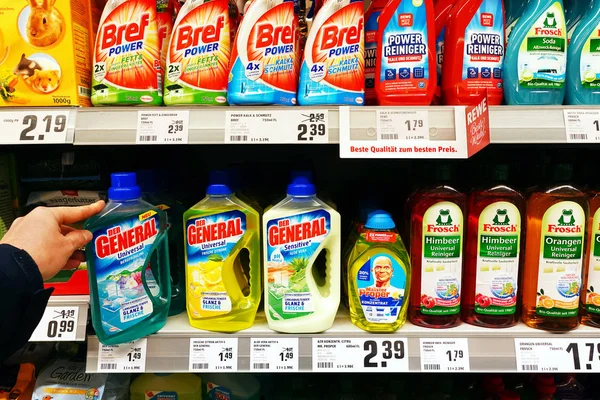 Germany December 2019 Shelves Different Brands Bottles Cleaning Products Rewe — ストック写真