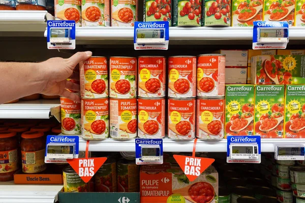 Wallonië België Juli 2019 Tomatenpulp Blik Een Winkel Planken Met — Stockfoto