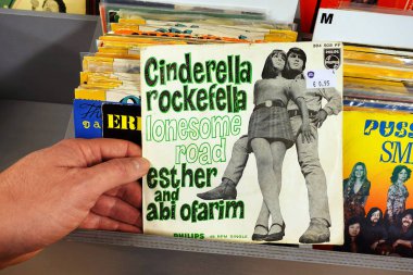 THE NETHERLANDS - JANUARY 2020: Single: Esther and Abi Ofarim - Cinderella rockefella, Single record of the Israeli singing husband and wife duo Esther Zaied and Abi Ofarim in a second hand store.