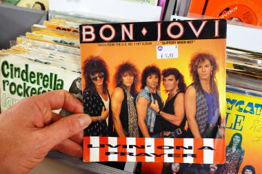 THE NETHERLANDS - JANUARY 2020: Single: Bon Jovi - Livin' on a PrayerSingle record of the American rock band Bon Jovi, in a second hand store.