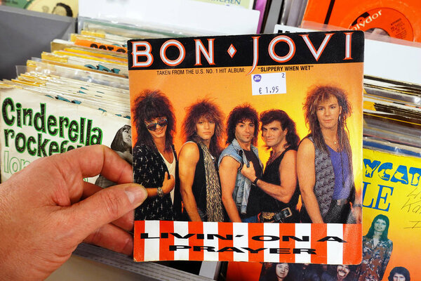 THE NETHERLANDS - JANUARY 2020: Single: Bon Jovi - Livin 'on a PrayerSingle record of the American rock band Bon Jovi, in a second hand store
.