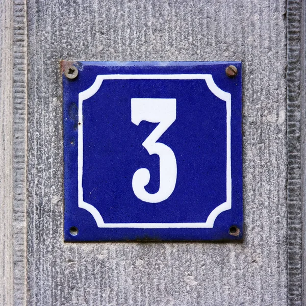 House Number Sign Blue Enamelled Number Three Plate Mounted Stone — Stock Photo, Image