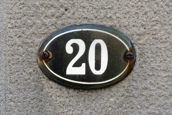 House Number Sign Enamelled Oval Number Twenty Plate Mounted Concrete — Stock Photo, Image