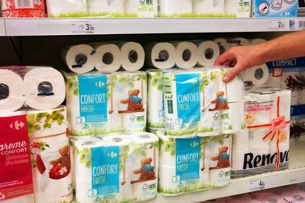 Wallonia Belgium Augus2018 Wrapped Store Brand Toilet Paper Rolls Carrefour — 스톡 사진