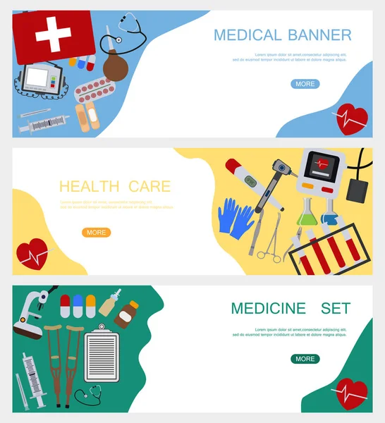 Banner de medicina herramientas de salud hospital médico operación de servicio humano cuidado saludable kit de primeros auxilios ilustración vectorial. Laboratorio profesional farmacia equipo de emergencia . — Vector de stock