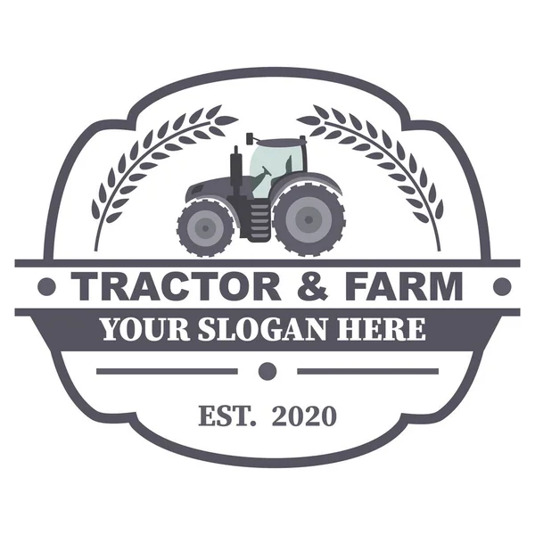 Traktör logosu. Organik gıdalar taze tasarım. Doğa çevre alanı etiketi. Çiftlik manzaralı bir şablon. Doğal tarım ürünleri için etiket. Vektör illüstrasyonu.