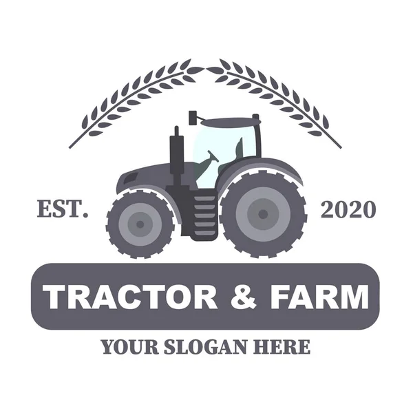 Traktör logosu. Organik gıdalar taze tasarım. Doğa çevre alanı etiketi. Çiftlik manzaralı bir şablon. Doğal tarım ürünleri için etiket. Vektör illüstrasyonu.