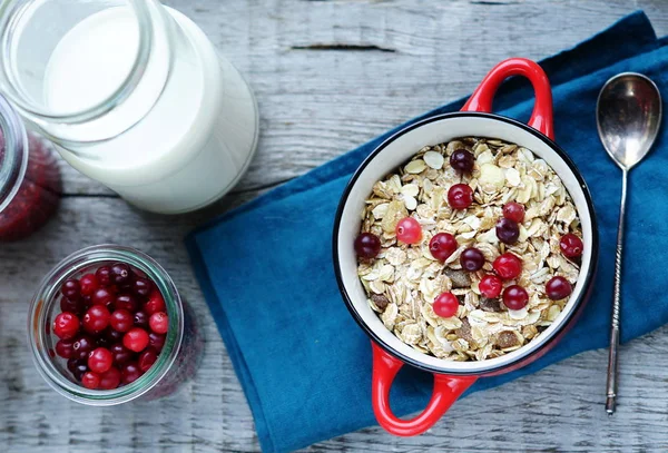 Müsli mit Preiselbeeren und Milch — Stockfoto