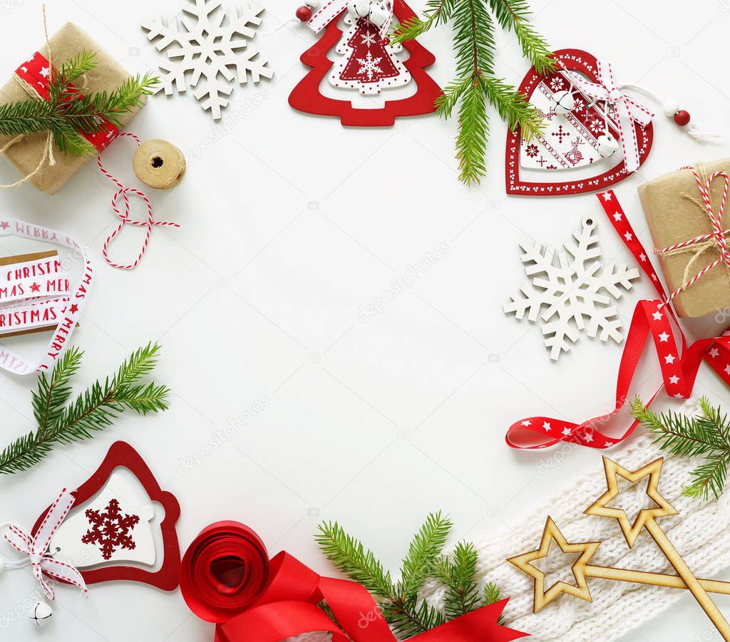 Christmas or New Year decorations on white background.Top view. Copy space. flat lay