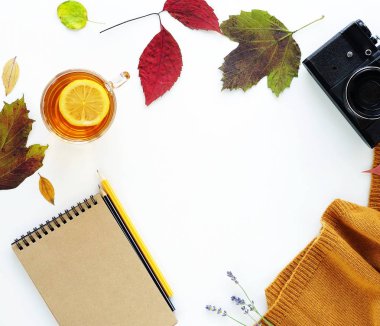 Düz yatıyordu sonbahar kavramı. Fincan çay ve limon, sıcak eşarp, not defteri skeçler, eski fotoğraf makinesi ve sonbahar yaprakları ile. Üstten Görünüm. Kopya alanı
