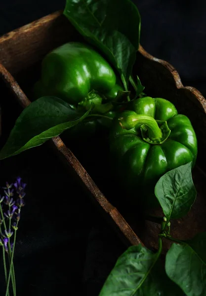 Свіжі солодкі овочі Зелений перець на темному тлі. Низький ключ — стокове фото