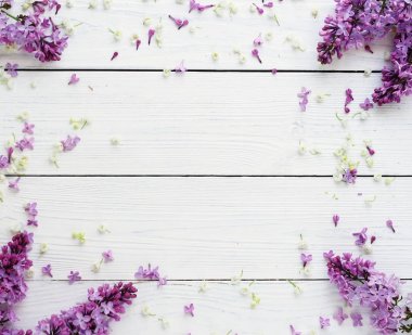 Çiçek desenli, leylak ve diğer bahar çiçekleri Beyaz ahşap zemin üzerinde bir dalı. Üstten Görünüm. düz yatıyordu. Tatil kavramı. Kopya alanı