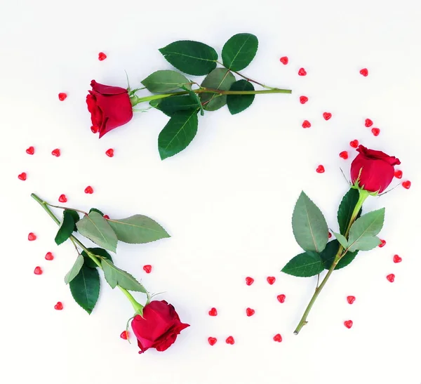 Valentine Day Frame Beautiful Red Roses Red Hearts White Background — Stock Photo, Image