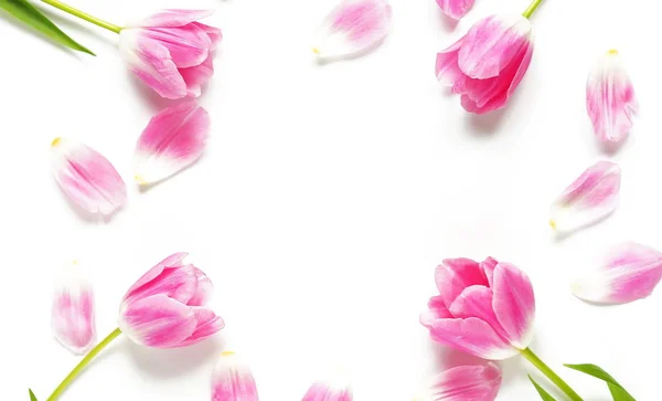 Arrangement Cadre Fleurs Tulipes Pétales Roses Sur Fond Blanc Espace — Photo