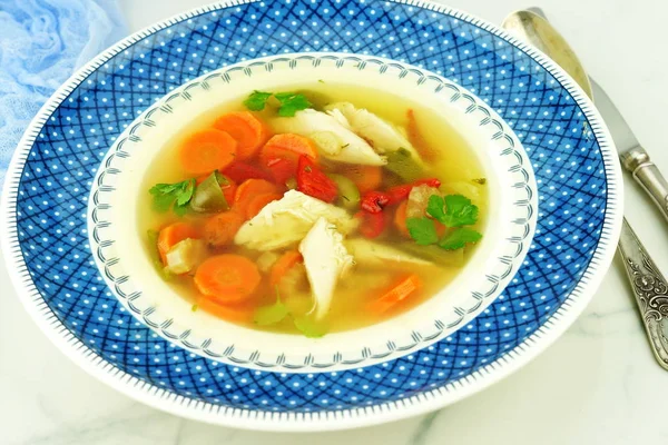 Homemade Chicken Soup Vegetables Rice Bowl Top View — Stock Photo, Image