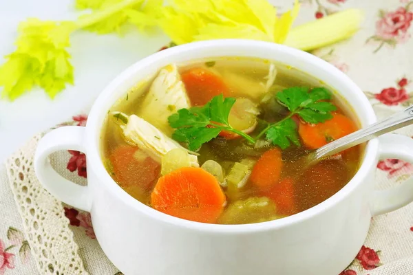 Homemade Chicken Soup Vegetables Rice Bowl Top View — Stock Photo, Image