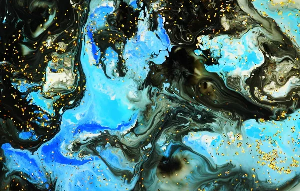 Abstract marble black blue white color paint and gold glitter background. Acrylic texture with marble pattern